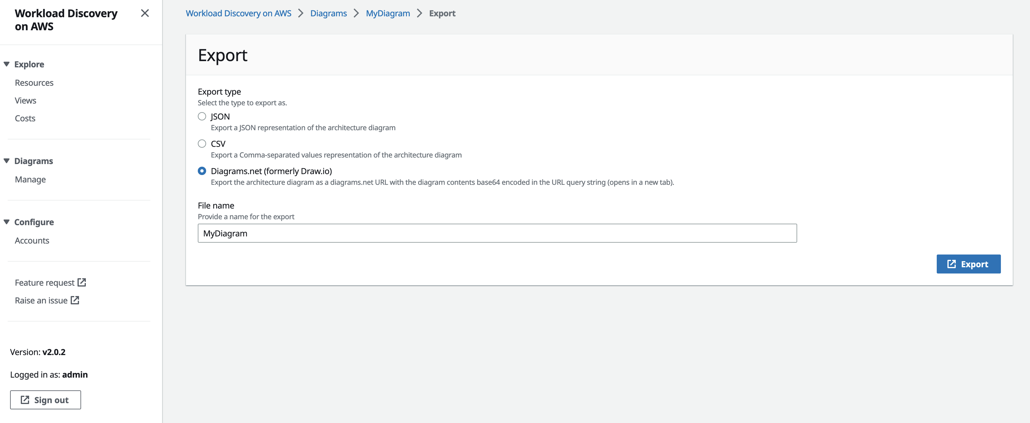 Figure 24. Screenshot of the Workload Discovery on AWS diagram Export Page.