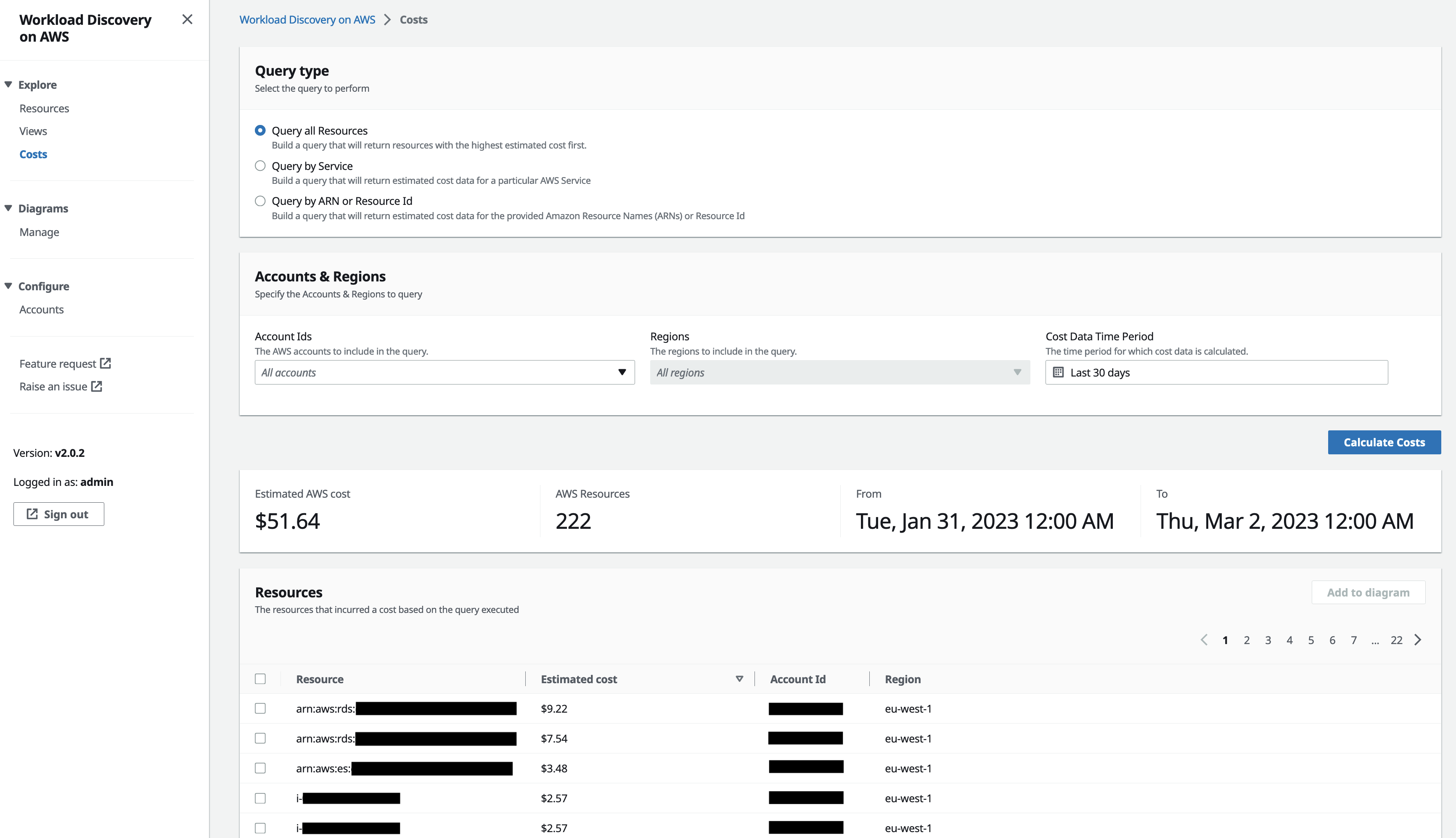 Figure 25. Screenshot of the Workload Discovery on AWS Cost page showing a query for costs for the previous thirty days. The resources are listed from most expensive to least expensive.