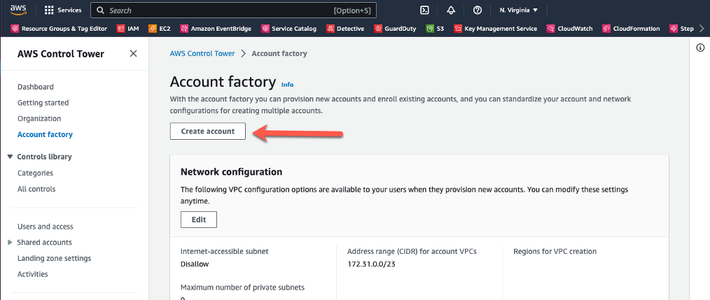 Navigate to the AWS Control Tower Account Factory page, and click the Create account button to create a new account.