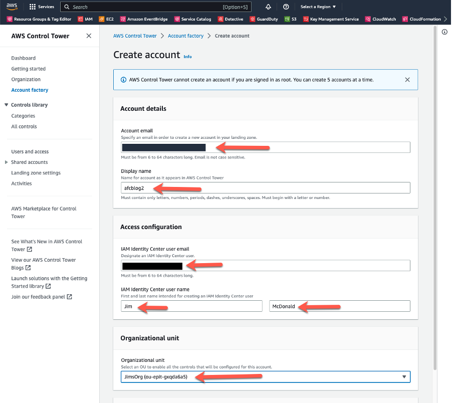 On the Create account page, specify the account email and the name of the account in the Account details section. In the Access configuration section, designate an IAM Identity Center user and a first and last name for the user. In the Organizational unit section select an OU.