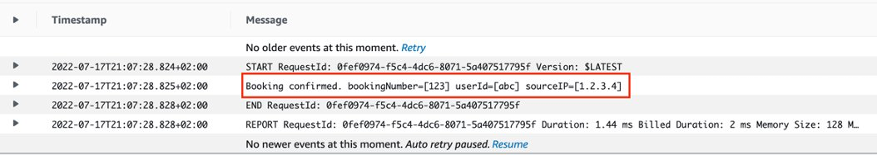 Semi-structured log message before transformation to JSON. The log message mentions a specific booking that was confirmed, including the user id and source ip address.