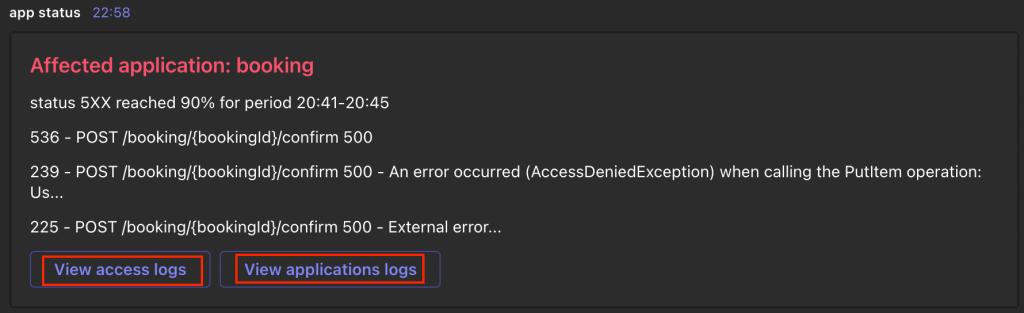 An example of an alert message via Microsoft Teams. It mentions the affected application, a 90% threshold of HTTP 500 errors that caused the alarm and the specific error message (AccessDeniedException in this case).