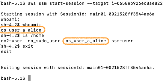 your third-party A user opening a session on an authorized EC2 instance and being matched with the corresponding OS local user “os_user_a_alice”.