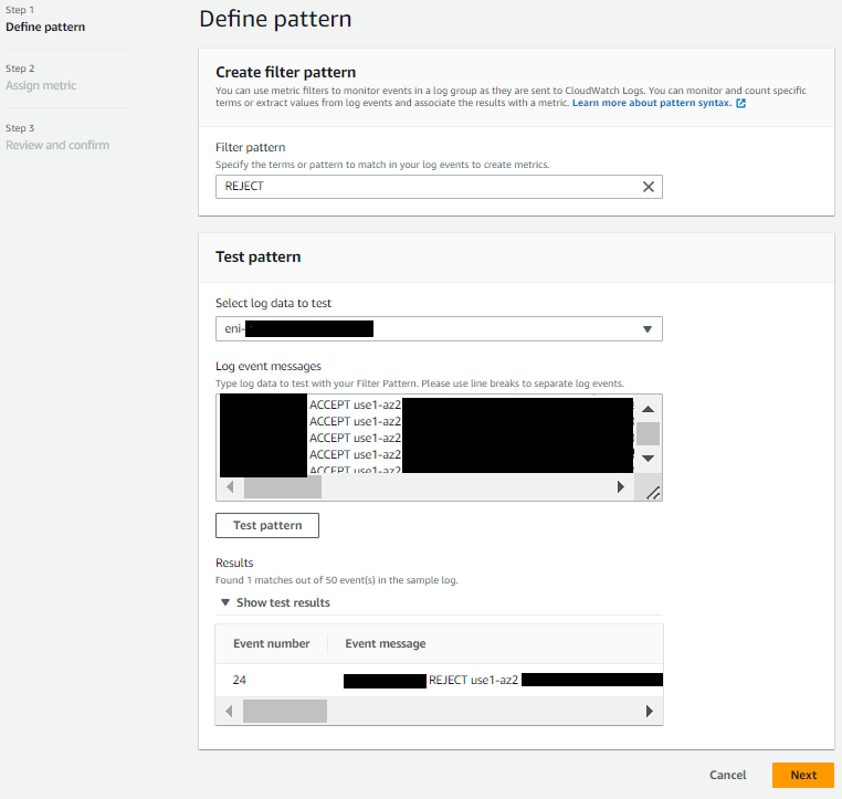 Create metric filter expression for VPC flow logs