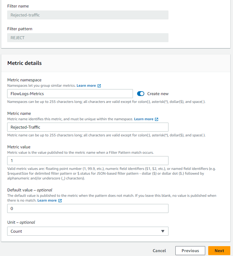 Create metric filter expression for VPC flow logs