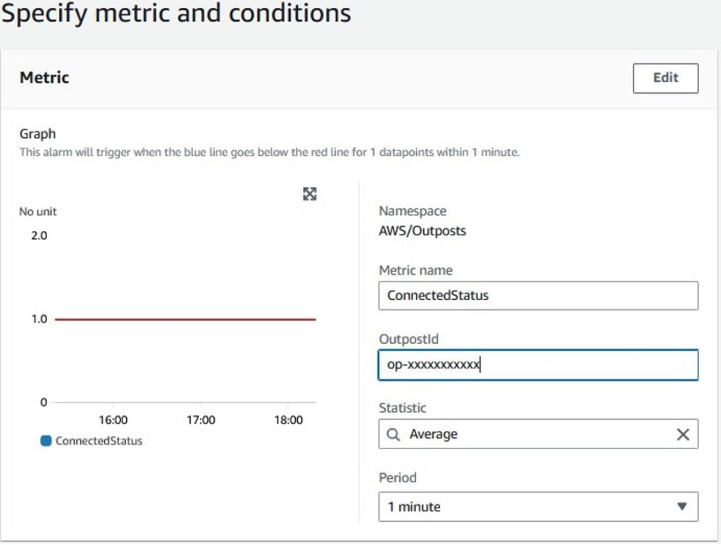 Figure 2: Outposts connectedStatus CloudWatch metric alarm creation