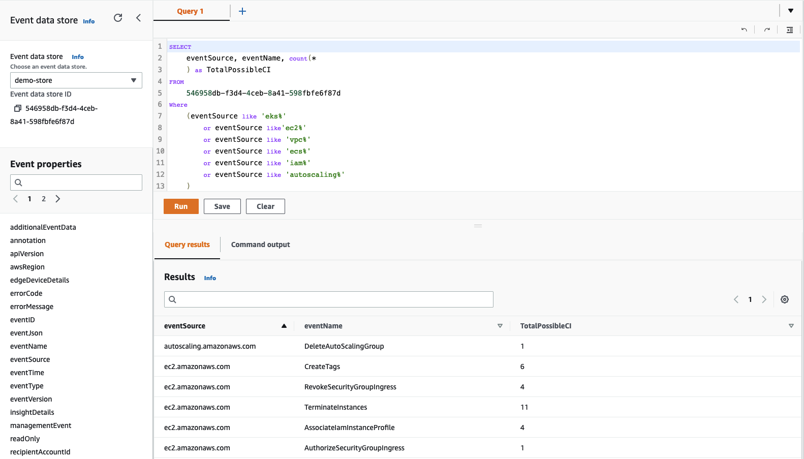 Query results screen displaying the output of the sql query.