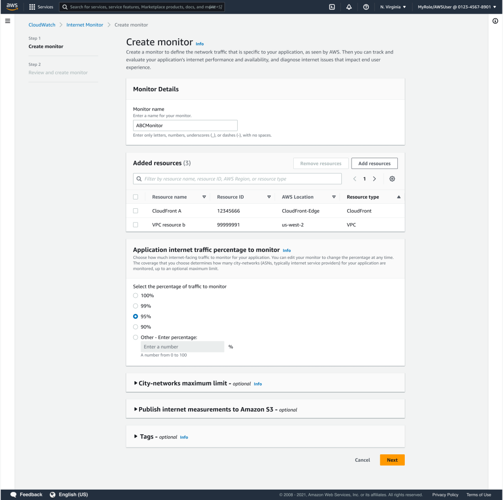 Displaying the Create Monitor screen. Monitor name is ABC Monitor. There are 2 Added resources: 1) Resource name is CloudFront A, resource ID is 12345666, AWS Location is CloudFront-Edge, Resource type is Cloudfront. 2) Resource name is VPC resource b, Resource ID is 99999991, AWS Location is us-west-2, Resource type is VPC Application internet traffic percentage to monitor. 95% is checked