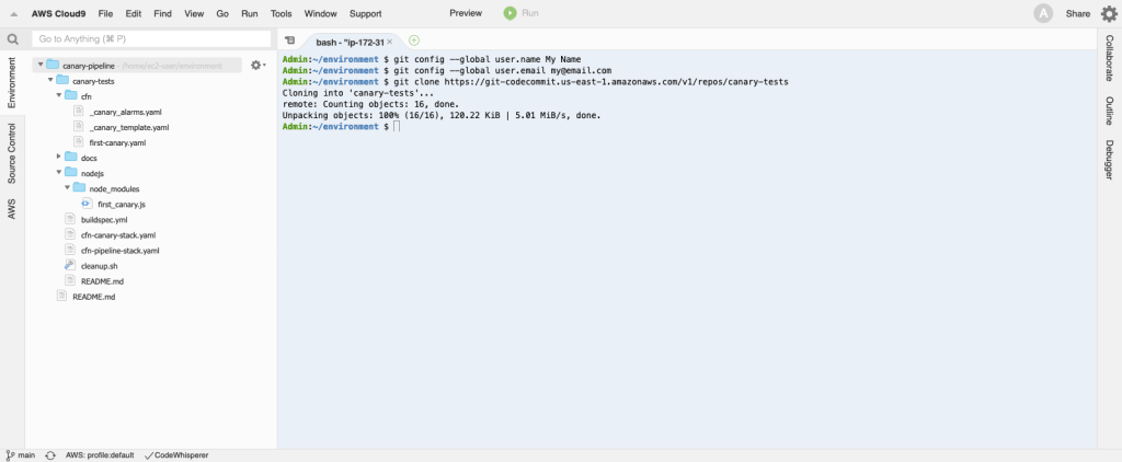 Figure 10: Cloning a Git repository from the Cloud9 terminal