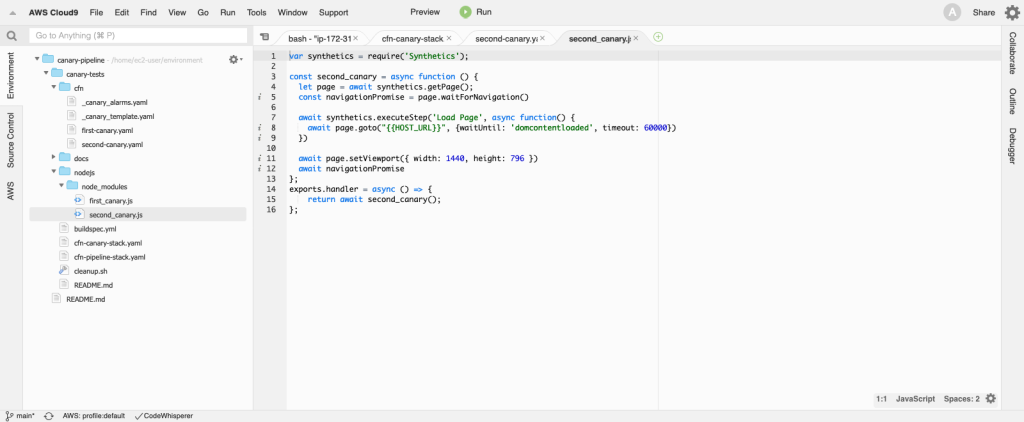 Figure 12: CloudWatch Synthetics canary test script written in Node.js for Puppeteer