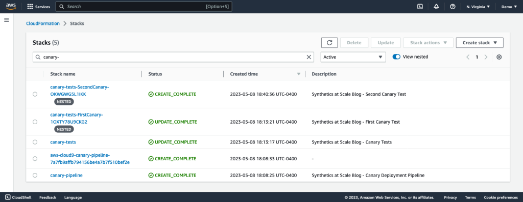 Figure 14: CloudFormation stack list including new canary test