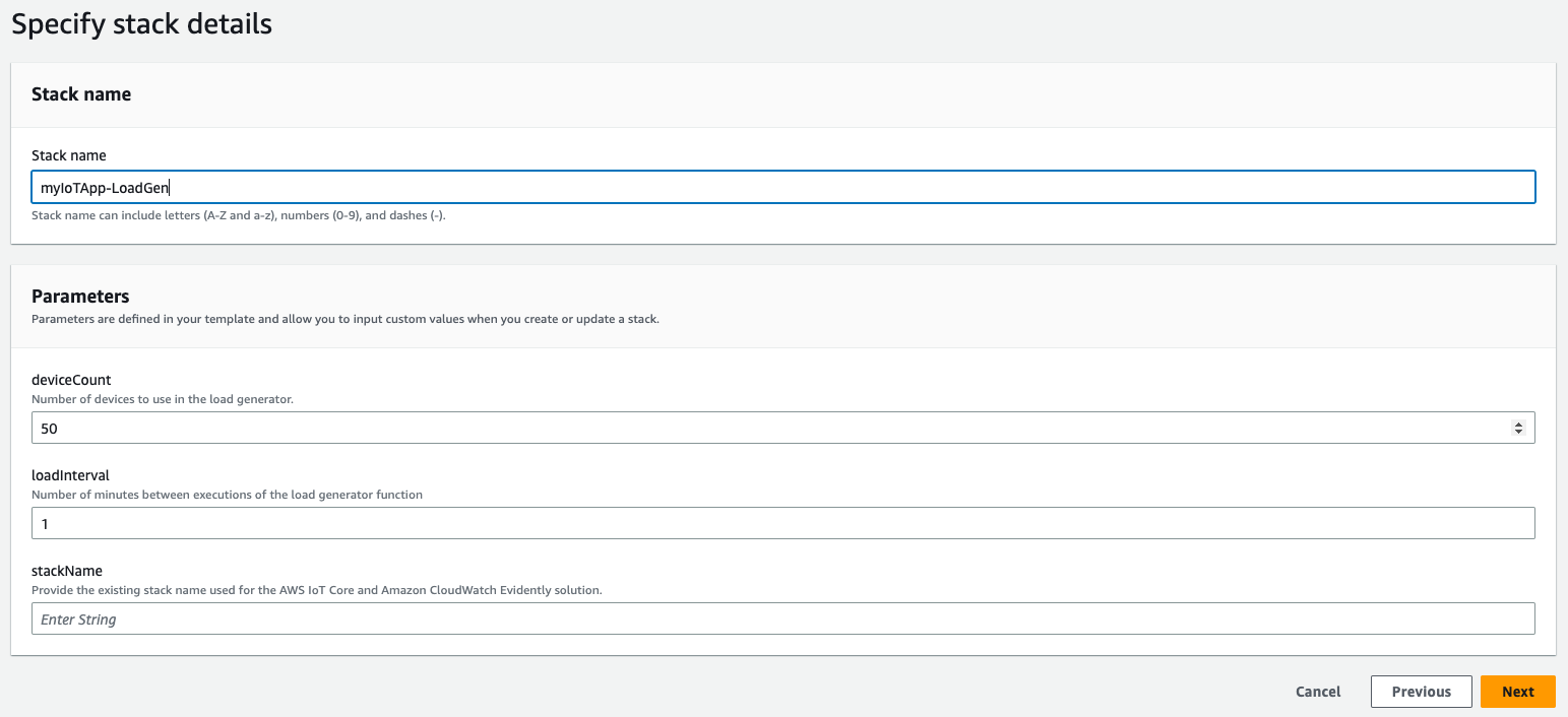 Screenshot showing parameters for the load generator stack