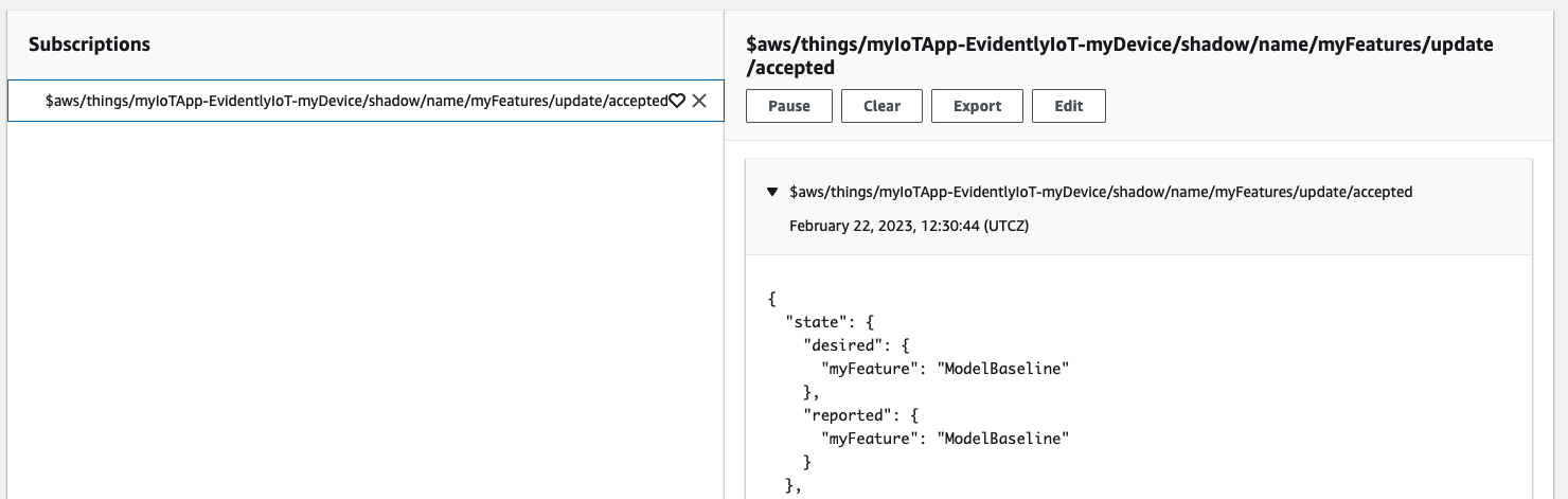 Screenshot showing output from the subscription in the MQTT test client