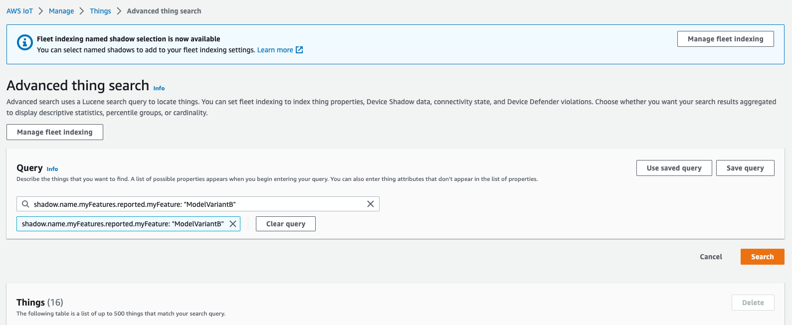 Screenshot showing querying the IoT fleet index using IoT Core advanced thing search