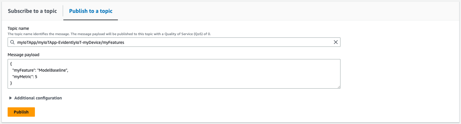 Screenshot showing using the MQTT test client to publish to a topic