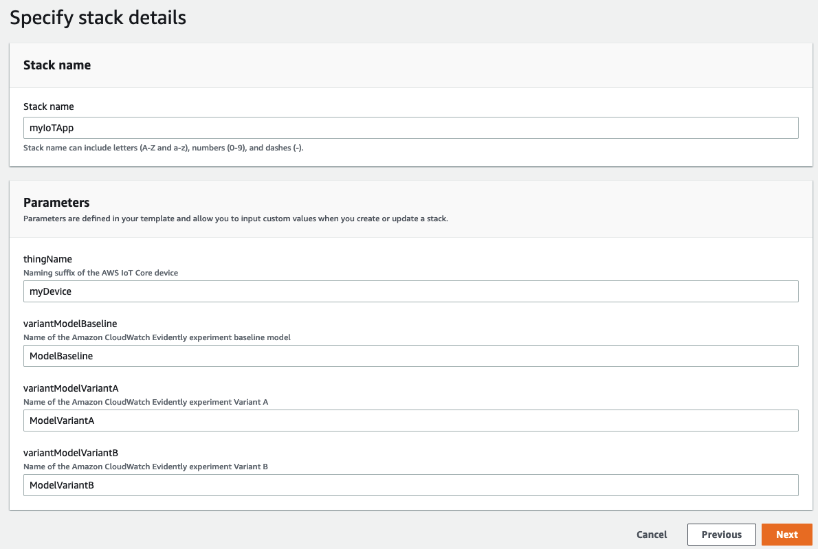 Screen shot of the CloudFormation stack details form with the default parameters included