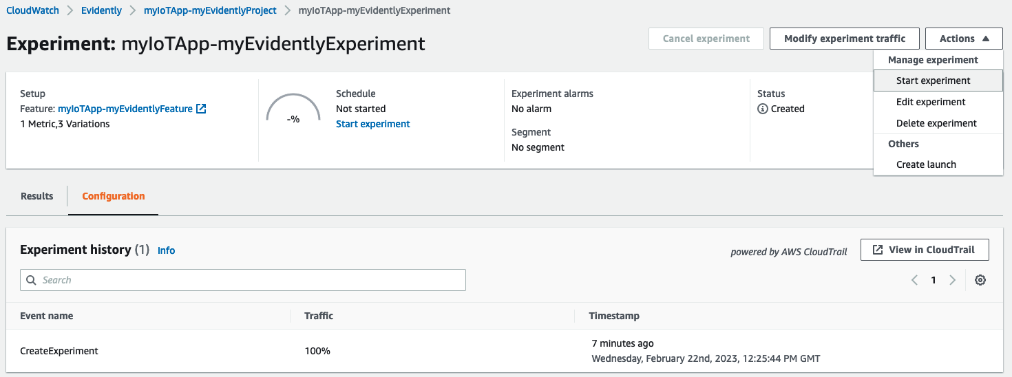 Screenshot showing using the AWS Console to start an Evidently experiment