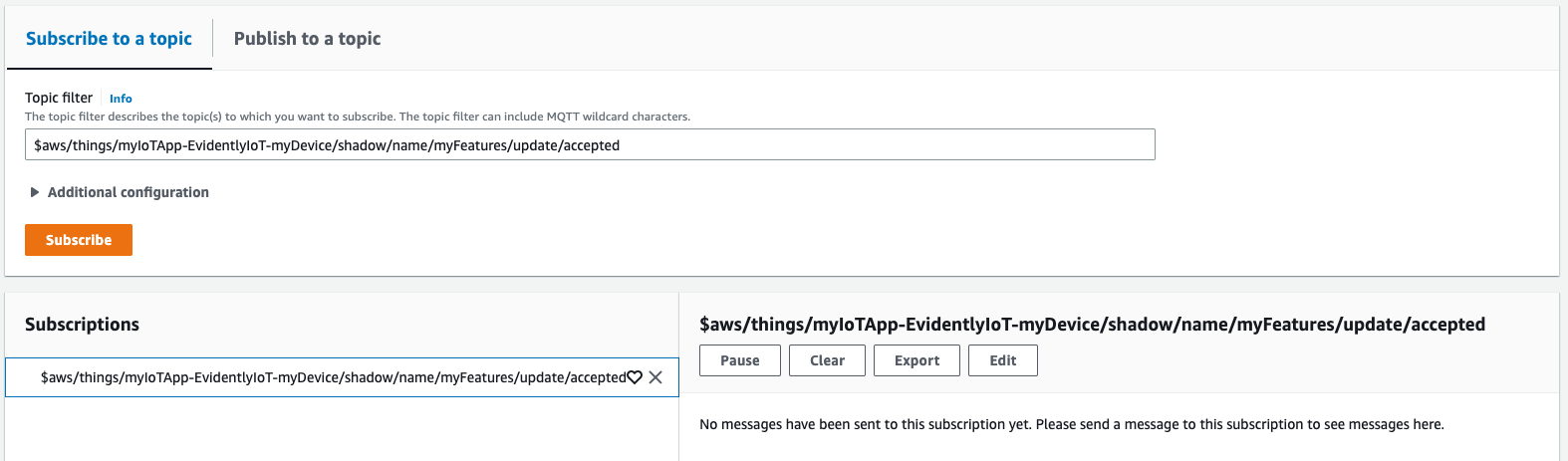 Screenshot showing using the MQTT test client to subscribe to a topic