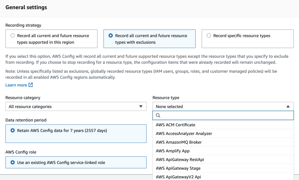 AWS Config settings for resource exclusion by resource type.