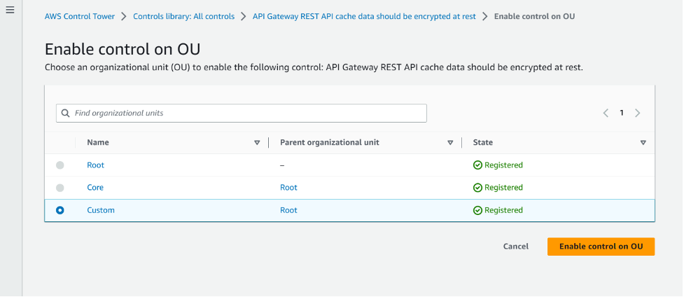 In figure 4 screenshot we will select the organizational unit on which we will enable the control from previous step. In this case we are selecting the custom OU.