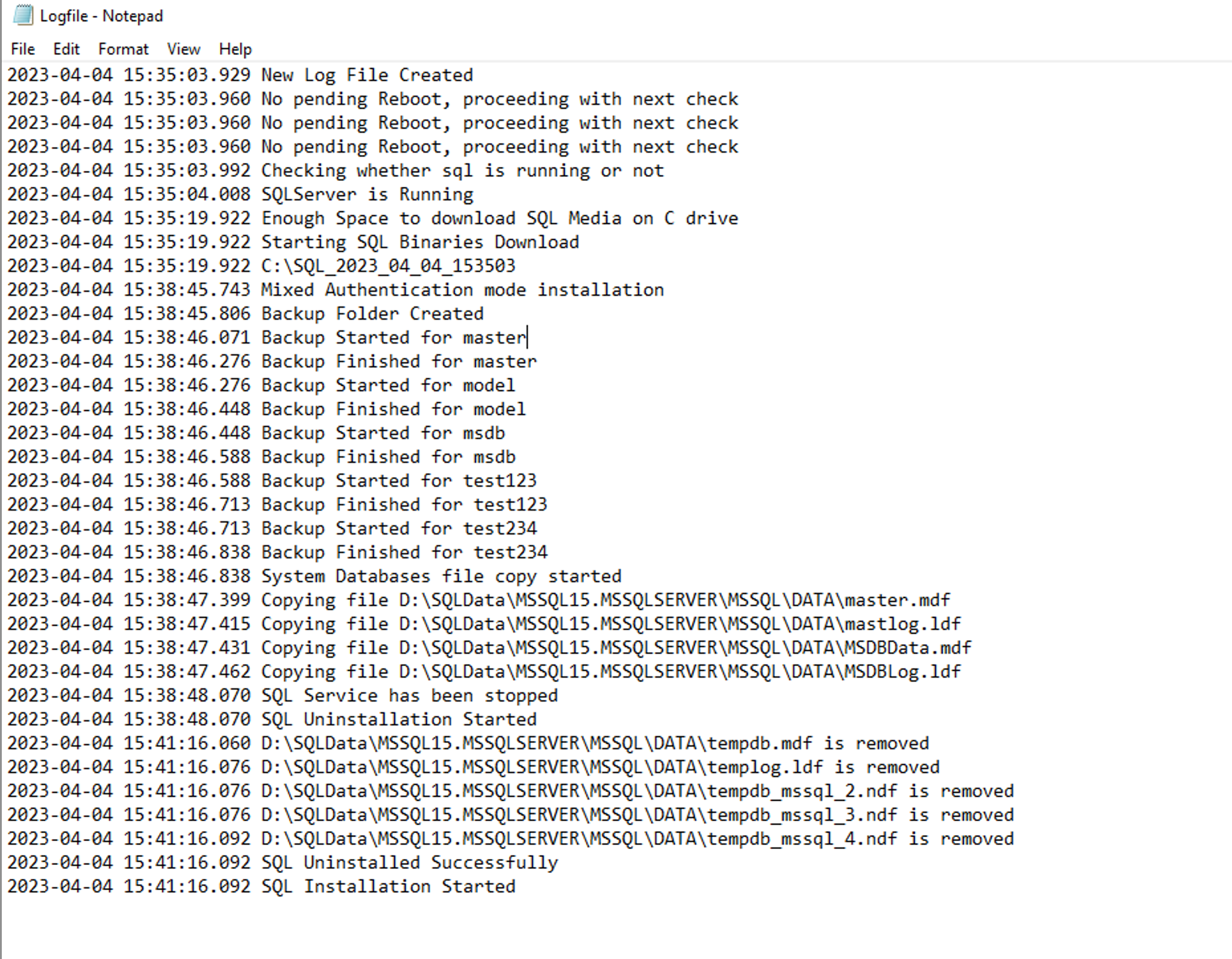 Figure 10: SQL Downgrade Automation Log