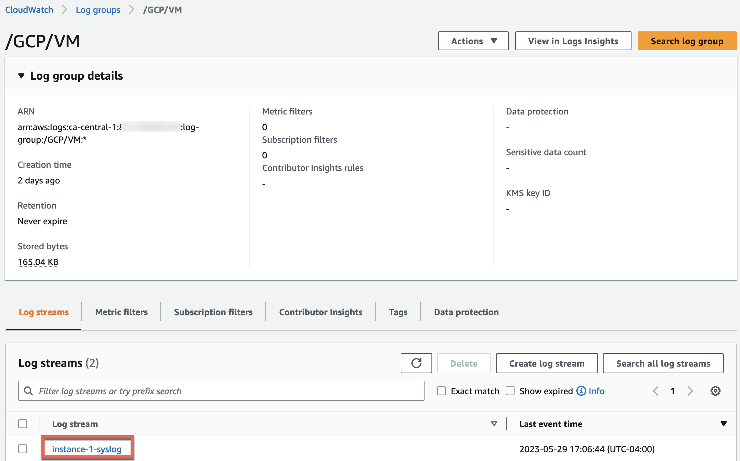 Screenshot of CloudWatch log stream created in the log group to capture Syslog logs from managed instance in GCP