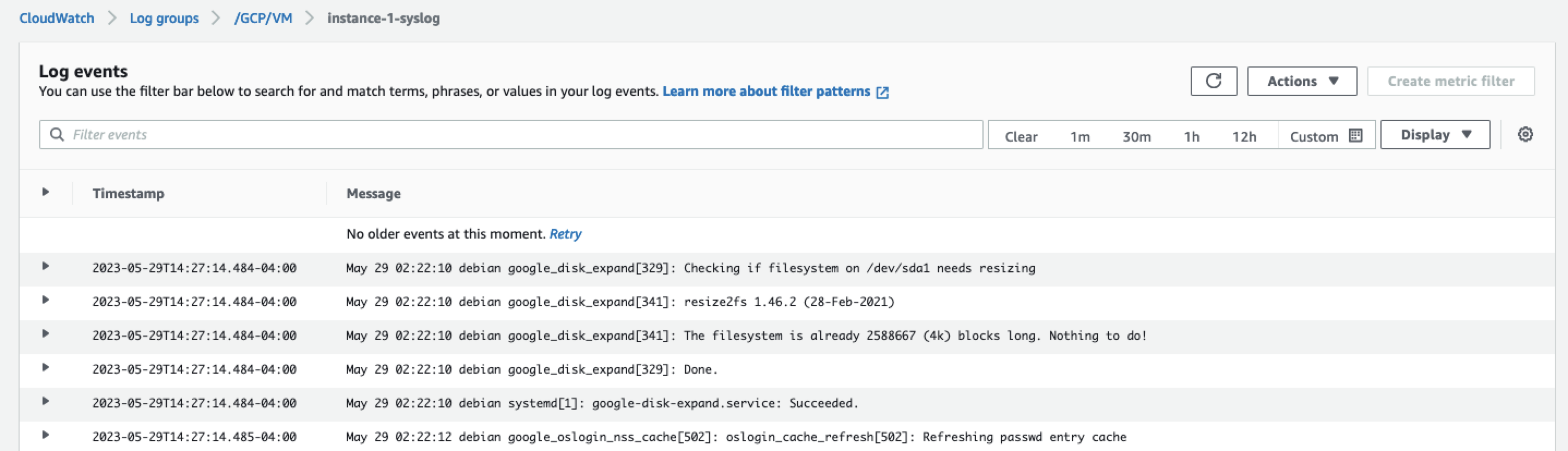 Screenshot displaying Syslog logs pushed from the managed instance running GCP