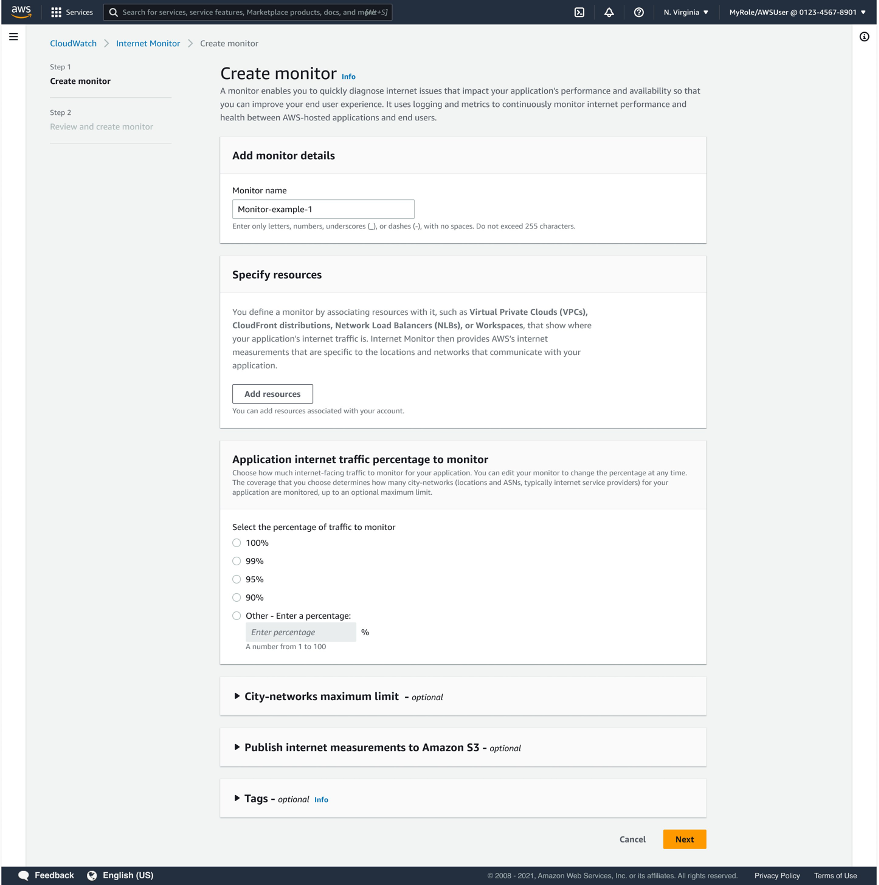 Figure 1: Screenshot showing the Create monitor page in the Internet Monitor console