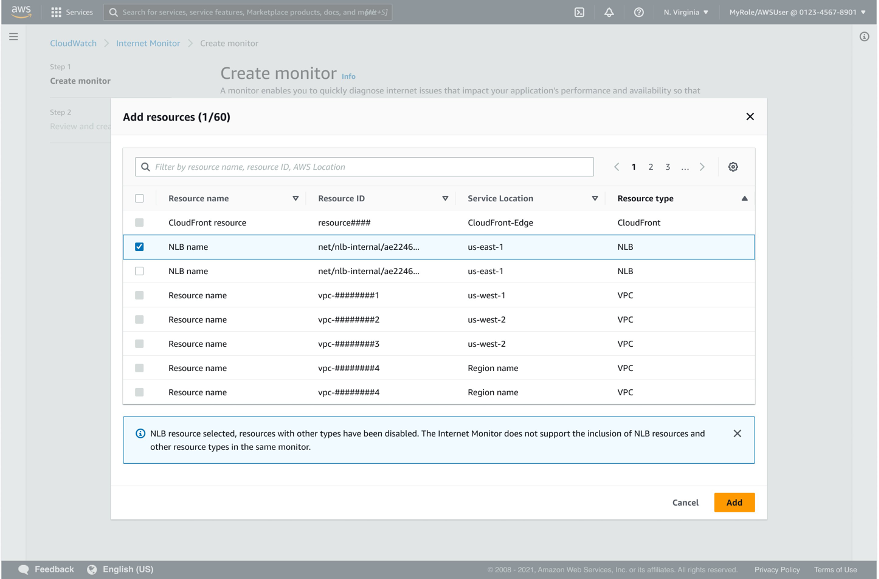 Screenshot showing the Add resources page in the Internet Monitor console