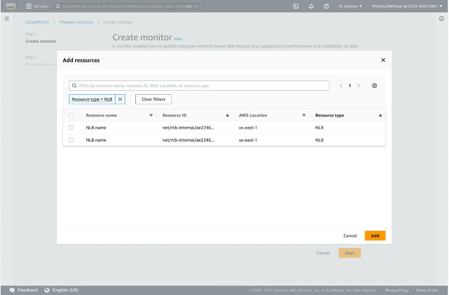 Screenshot showing filtered resources on the Add resources page in the Internet Monitor console