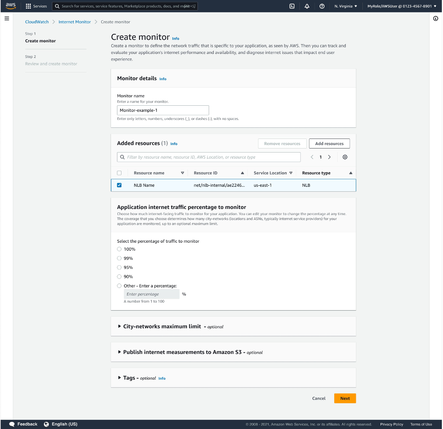 Screenshot showing the Create monitor page in the Internet Monitor console, with a list of the resources that you've selected