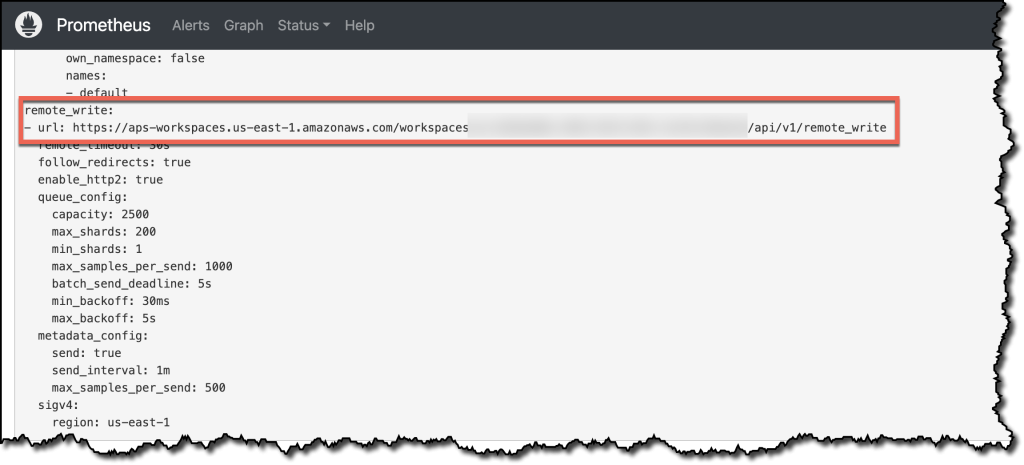 The Configuration page of the Prometheus UI shows a remote_write URL, which allows Prometheus to remote write metric data to Amazon Managed Service for Prometheus