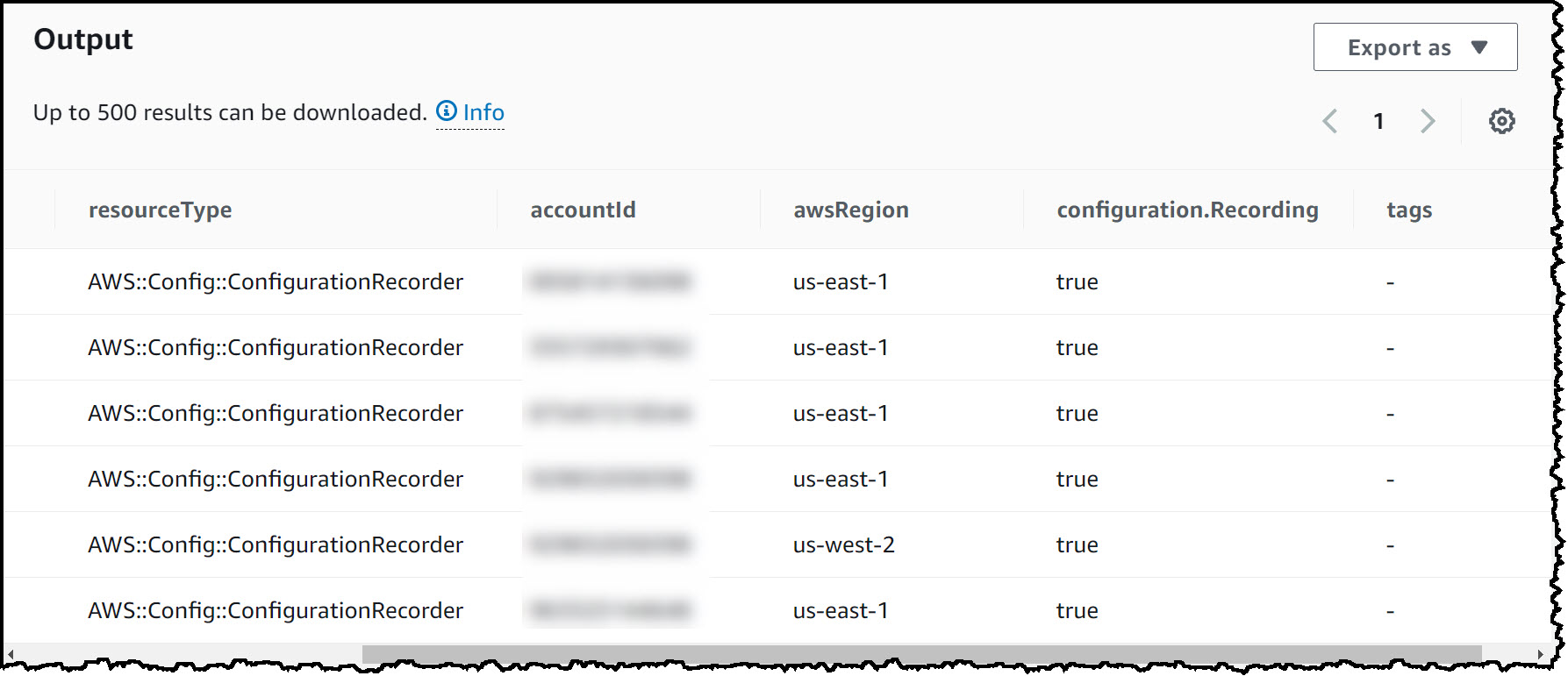 Screen capture showing the results of an advanced query ran against the AWS Config aggregator to capture the state of configuration recorders across multiple accounts 