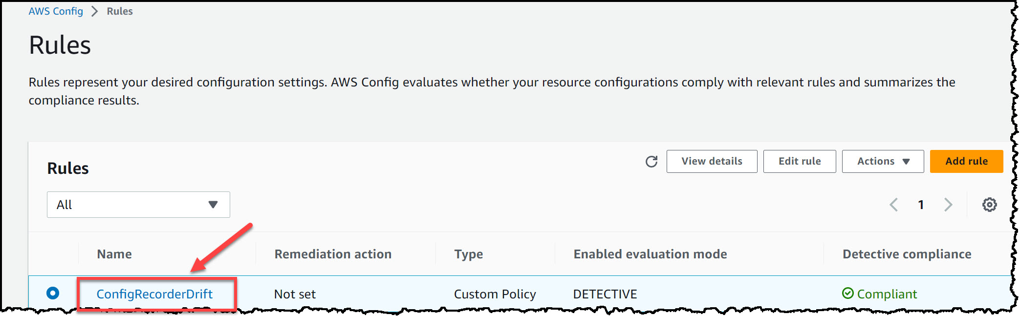 Screen capture of AWS Config/Rules console screen. A newly created rule is listed among the other rules. Under the “Type” column, “Custom Policy” is indicating that this is a custom rule