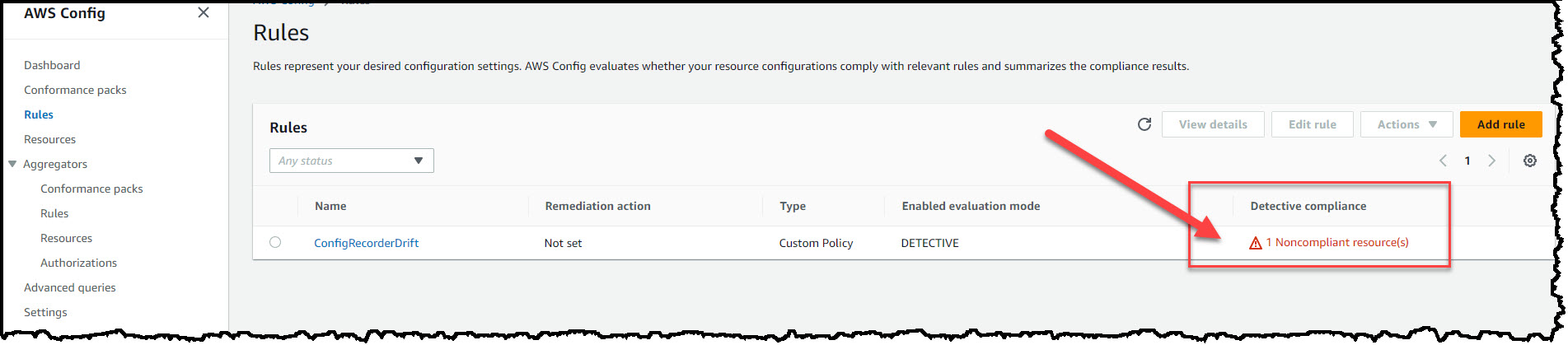 Screen capture showing AWS Config rules screen. In this screen, the rule created in the previous section is reporting noncompliant status i.e., under detective compliance, column, the rule is listed as a Noncompliant resource