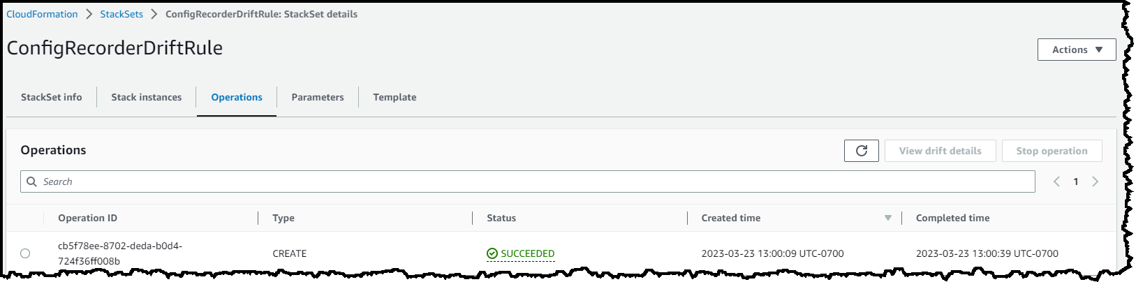 A capture of CloudFormation/StackSets screen showing successful deployment of the StackSet that deployed the target Config rule across multiple accounts. The status column shows the word “SUCCEEDED” 