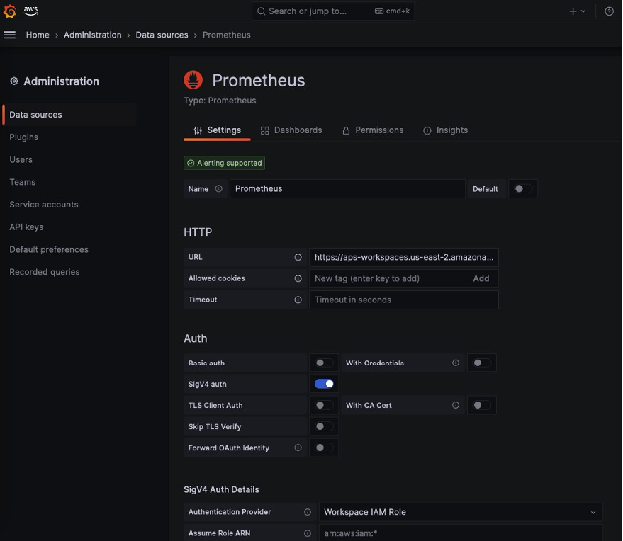 Screenshot of Grafana data source section to configure Prometheus datasource.