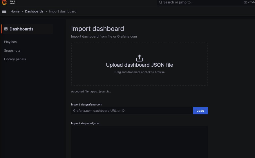 Screenshot of Import dashboard section to import kafka dashboard json file.