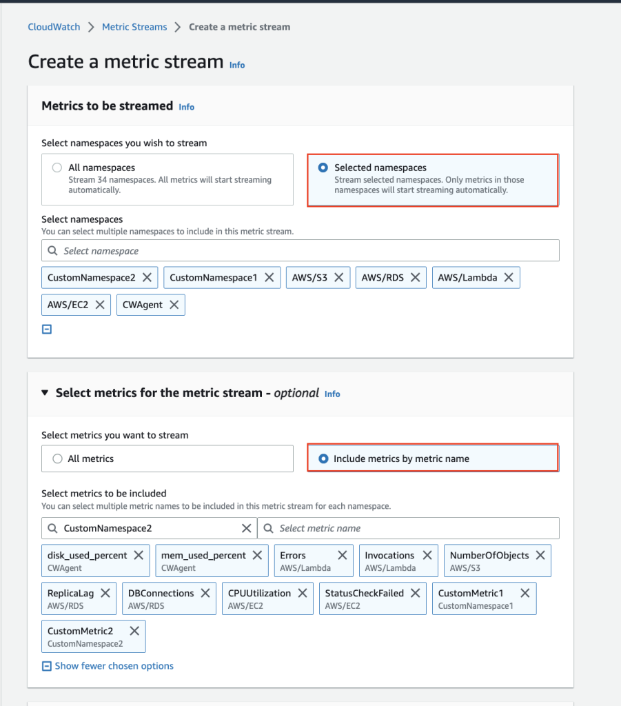 This picture shows a screenshot of the CloudWatch Metric Streams console. In particular, it is a screenshot of the create flow where a new Stream is created adding Include metric name filters.