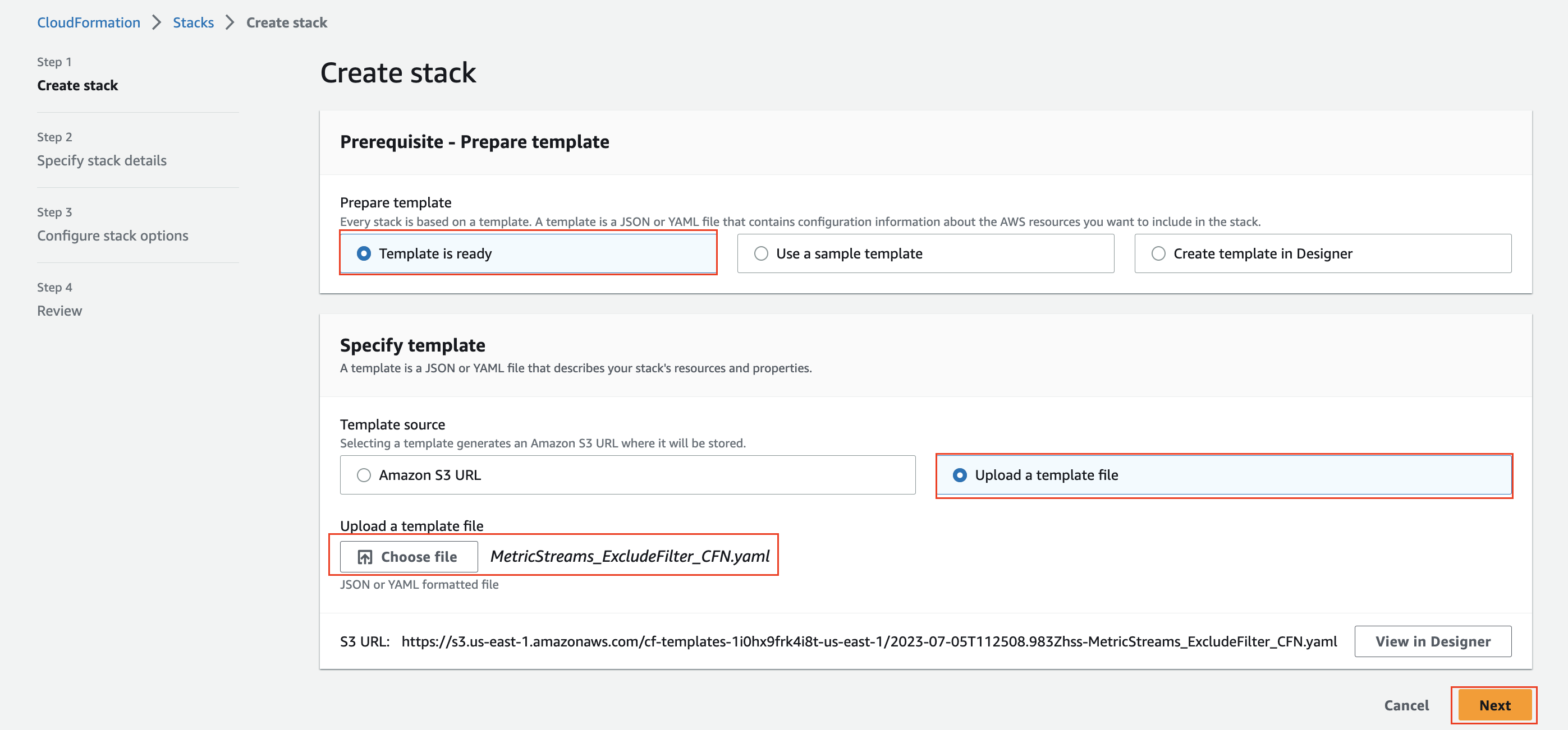 This picture shows a screenshot of the AWS CloudFormation console. In particular, it shows the "Create Stack" flow where the CloudFormation template is ready. It highlights the "Choose file" button where customers can click to then browse the template to upload that will create all the necessary resources.