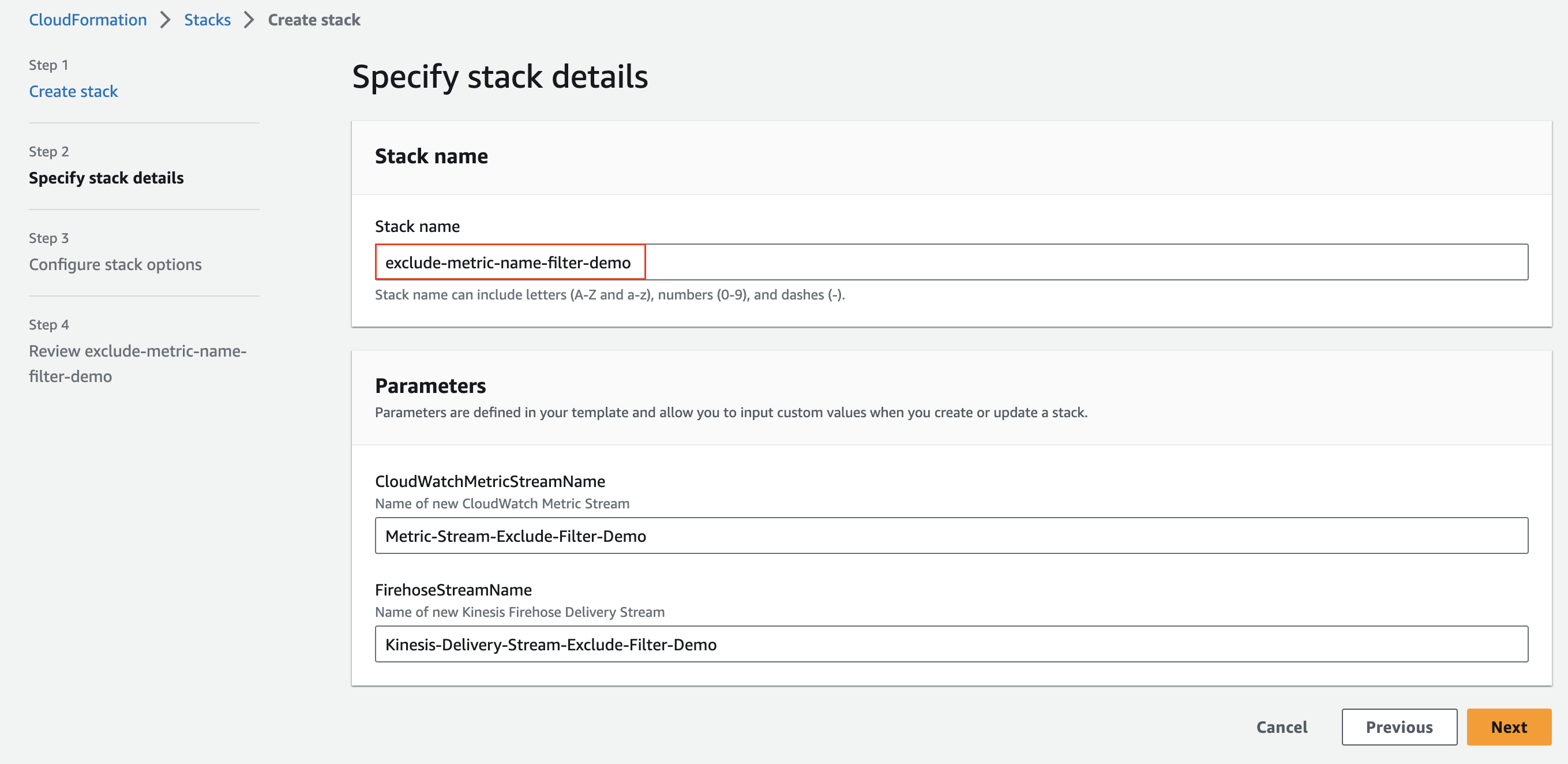 This picture shows a screenshot of the AWS CloudFormation console. In particular, it shows the "Create Stack" flow, in the "Specify stack details" step. It highlights the field where customers can name the Stack that is being created.