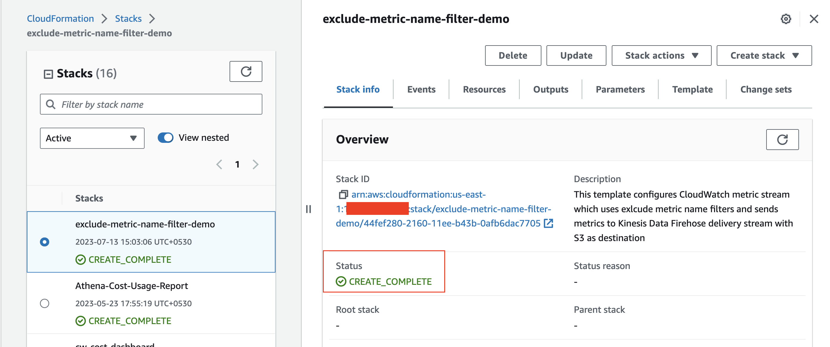 This picture shows a screenshot of the AWS CloudFormation console. In particular, it shows the "Detail" view of the particular Stack we just created. It highlights the status "CREATE COMPLETE" which shows that the stack has already been completed successfully.