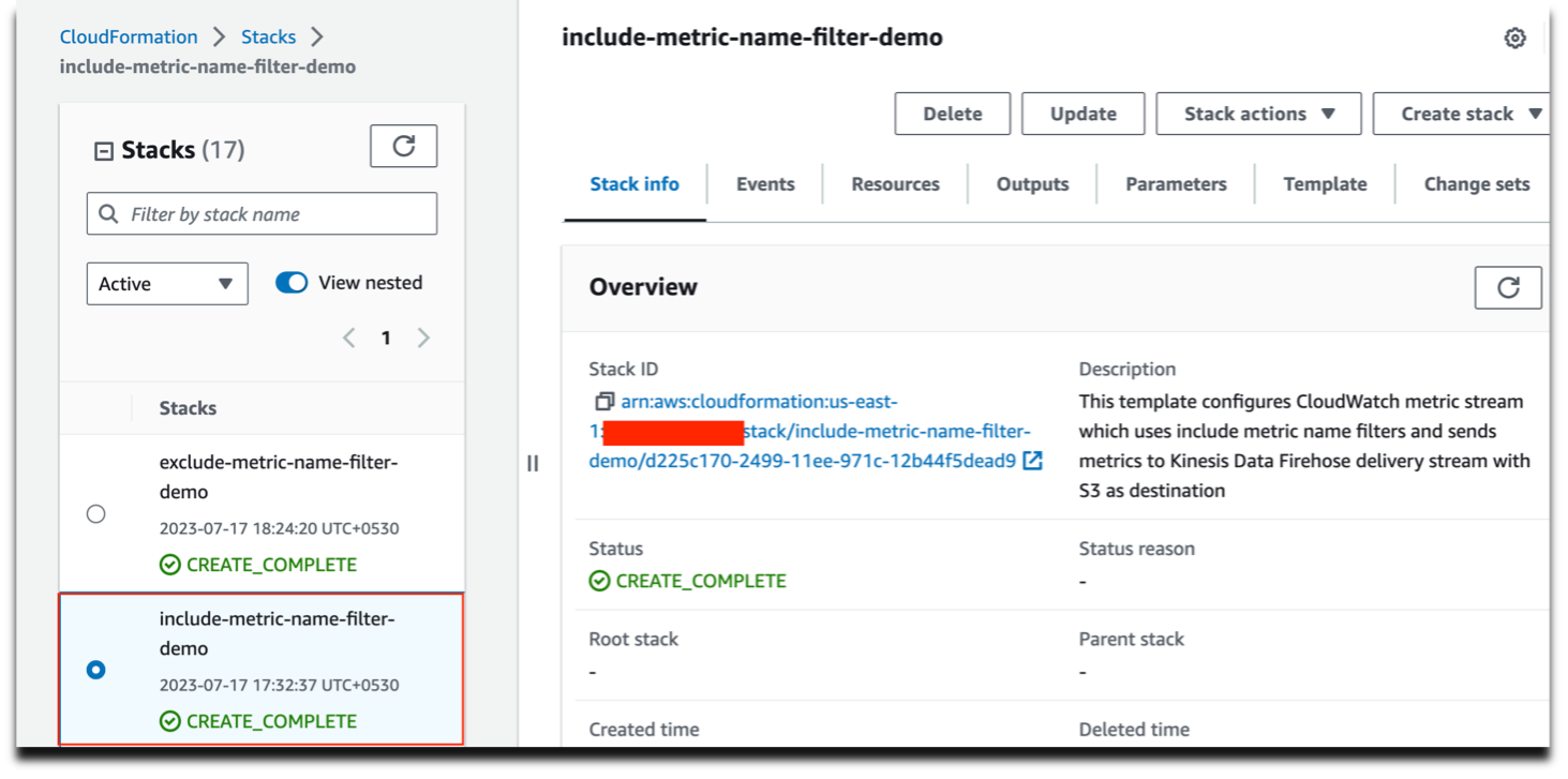 This picture shows a screenshot of the AWS CloudFormation console. In particular, it shows the "Detail" view of the particular Stack we just created. It highlights the status "CREATE COMPLETE" which shows that the stack has already been completed successfully.