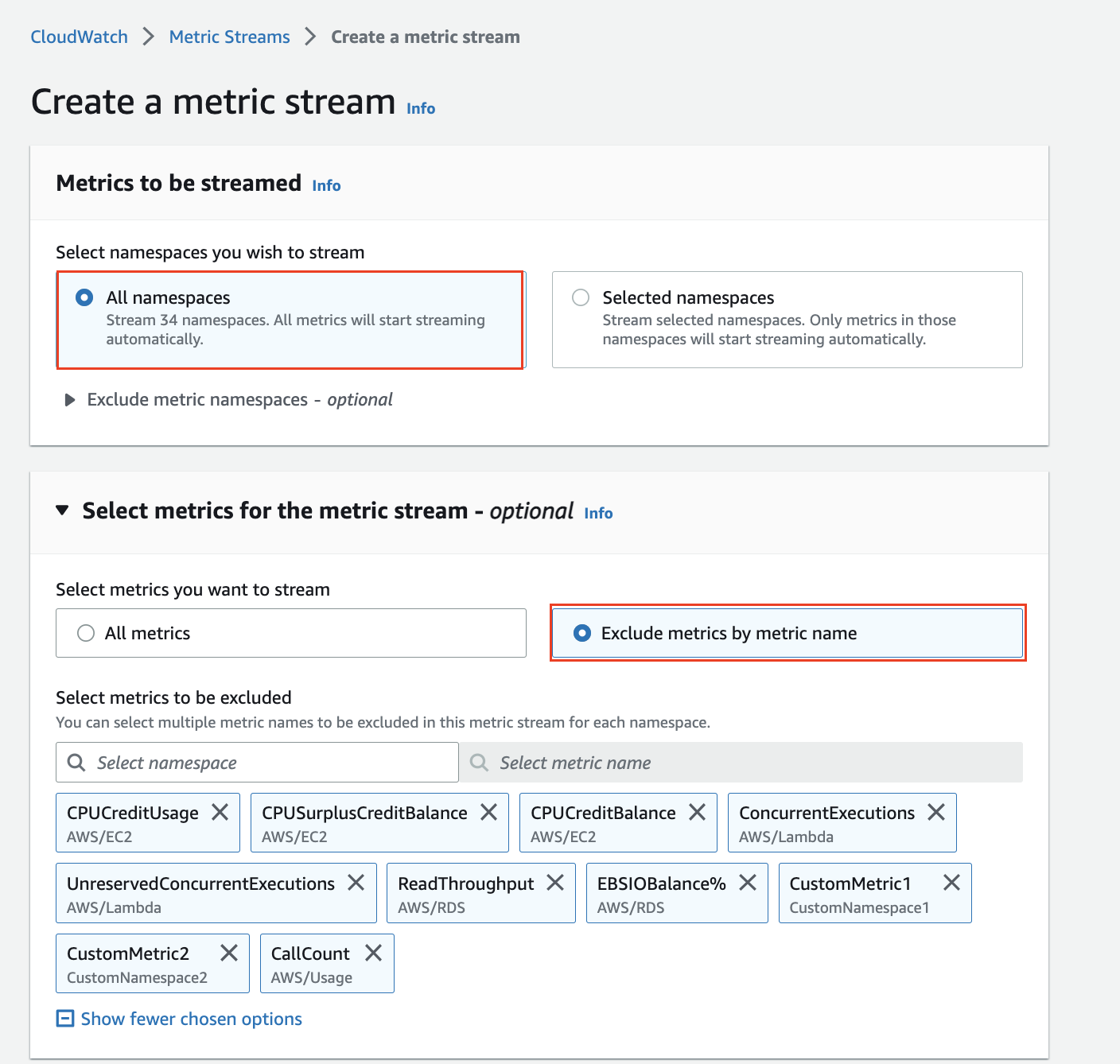 This picture shows a screenshot of the CloudWatch Metric Streams console. In particular, it is a screenshot of the create flow where a new Stream is created adding Exclude metric name filters.