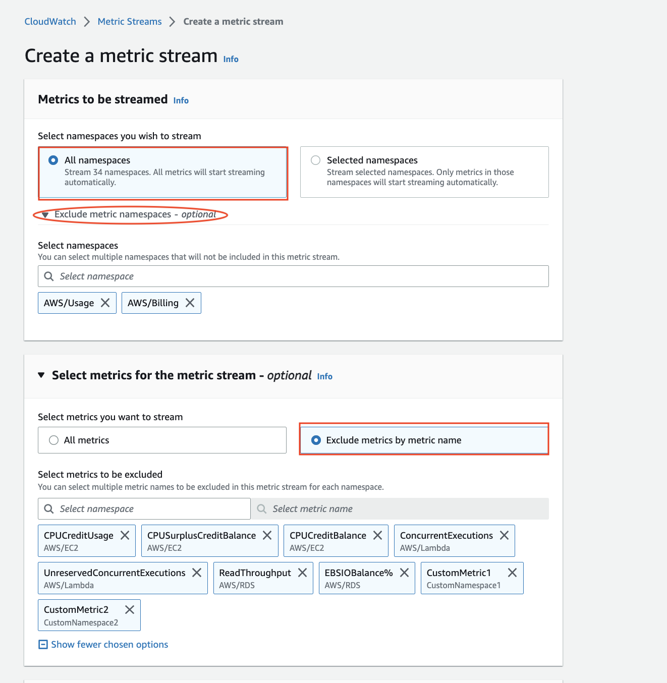 This picture shows a screenshot of the CloudWatch Metric Streams console. In particular, it is a screenshot of the create flow where a new Stream is created adding Exclude metric name filters. Additionally, we show how to exclude namespaces fully from the stream, as well as specific metric names from the remaining namespaces.