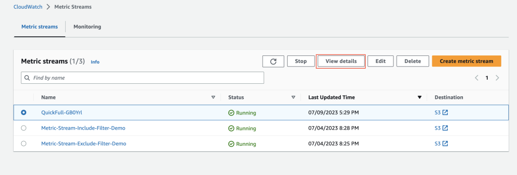 This picture shows a screenshot of the CloudWatch Metric Streams console. In particular, it is a screenshot of the List view. One exemplary Stream is selected and the "View Details" button is clicked.