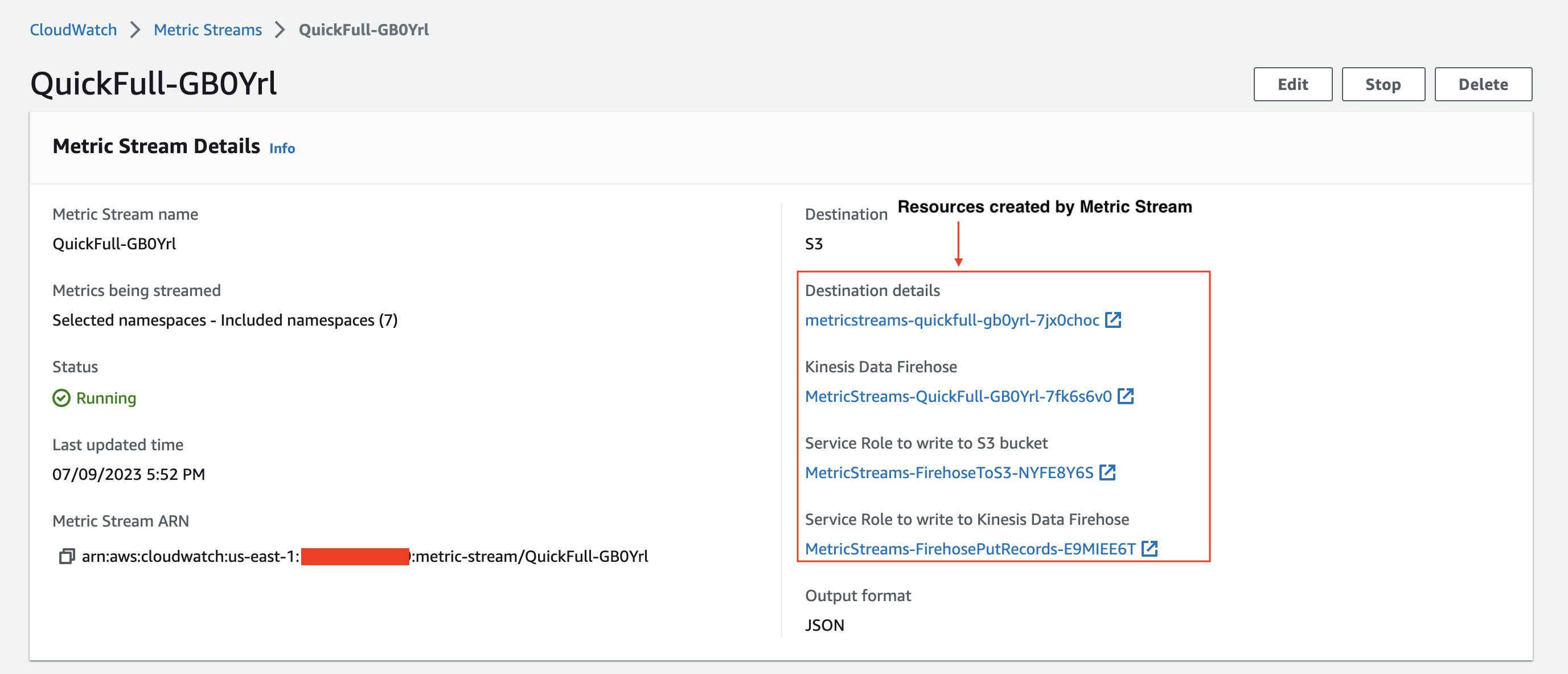 This picture shows a screenshot of the CloudWatch Metric Streams console. In particular, it is a screenshot of the Detail view of a particular Stream. Within the Detail view, it highlights the list of resources associated to the Stream, such as Kinesis Data Firehose Stream, IAM role and S3 bucket.