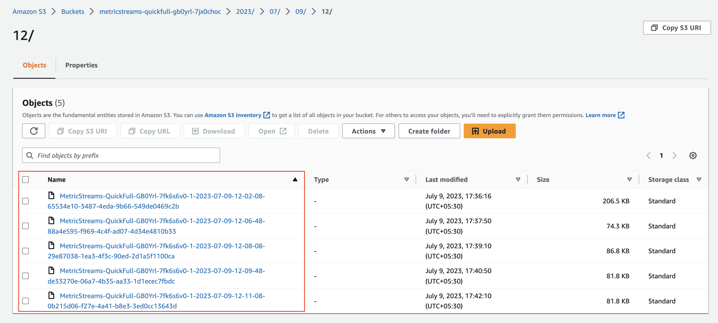 This picture shows a screenshot of the Amazon S3 console for the S3 bucket that acts as destination of the demo-ed Stream. It shows the files where the streamed metrics are stored in the S3 bucket.