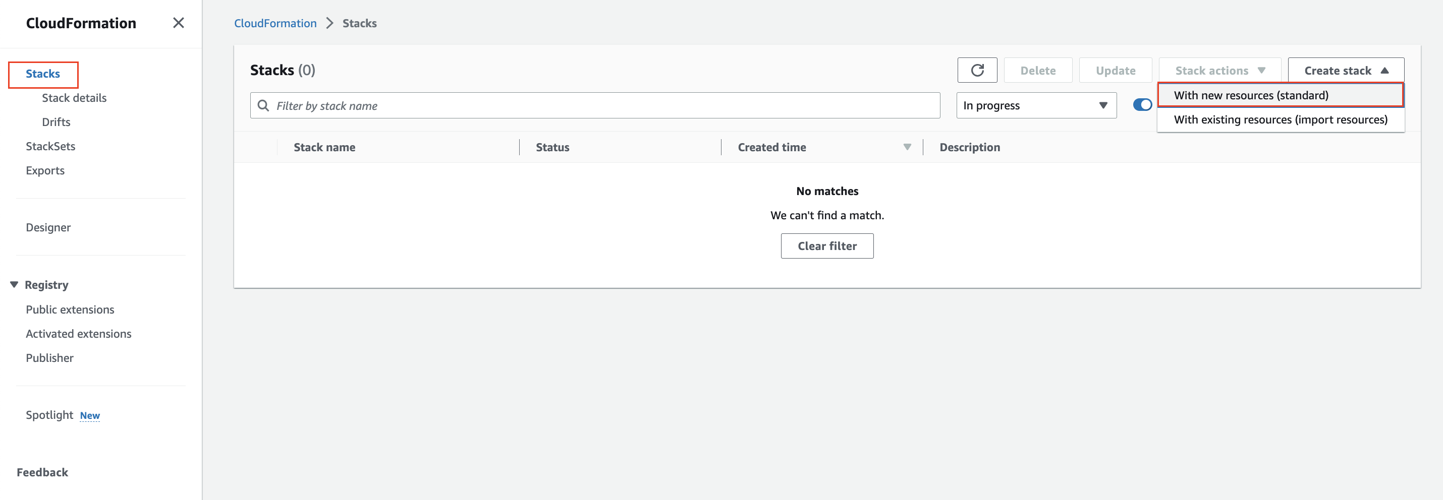 This picture shows a screenshot of the AWS CloudFormation console. In particular, it shows the "Create Stack" flow with new resources (standard) where customers can then upload a CloudFormation template that is provided to create the same resources as explained in the Console walkthrough.