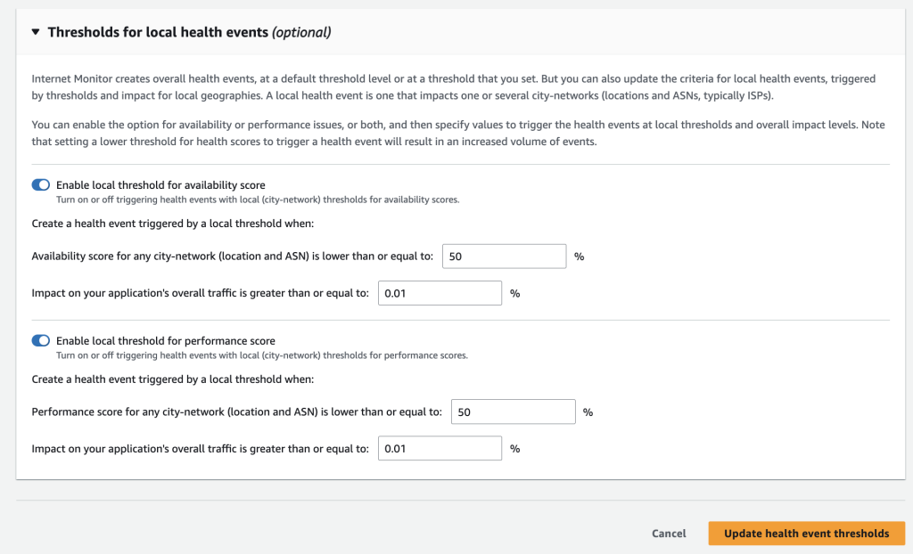 Screenshot of Thresholds for local health events dialog box, expanded to show the options that you can configure for local thresholds